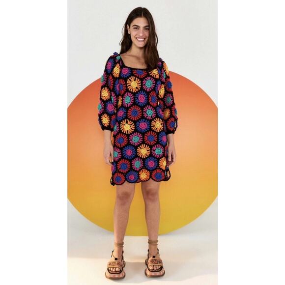Farm Rio Crochet Knit Mini Dress Multicolor Floral Boho Festival Cotton S - Picture 1 of 12